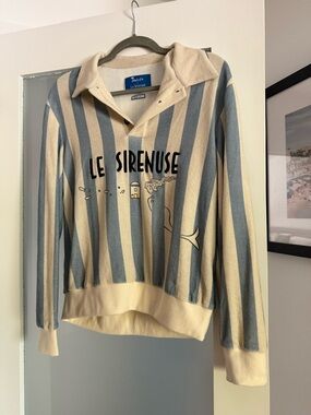Le Sirenuse Cream & Blue Striped V-Neck Sweater with Logo. Never worn